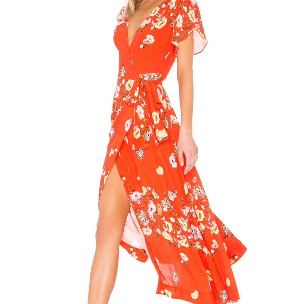 Free People Jess Orange Floral Prairie Wrap Midi Dress Size XS
